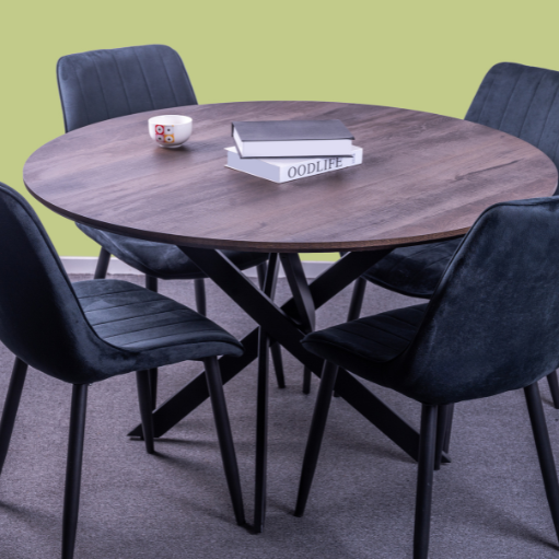 'Clive' 1.2m Round Dining Table + Upton Black Velvet Dining Chair*4 Set