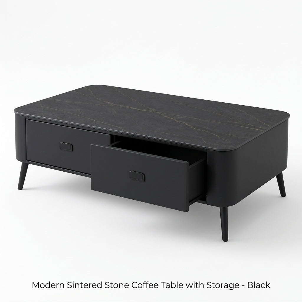 Modern Sintered Stone Coffee Table with Storage - Black