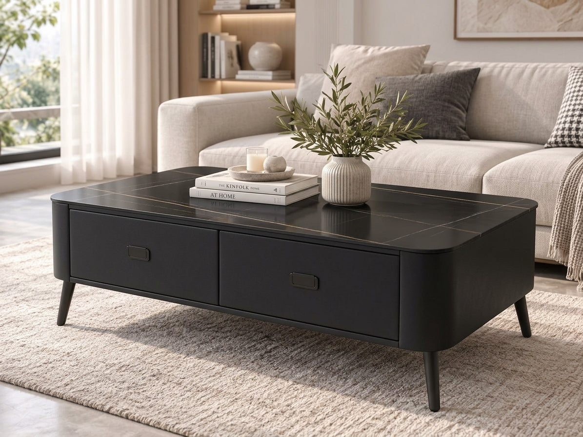 Modern Sintered Stone Coffee Table with Storage - Black