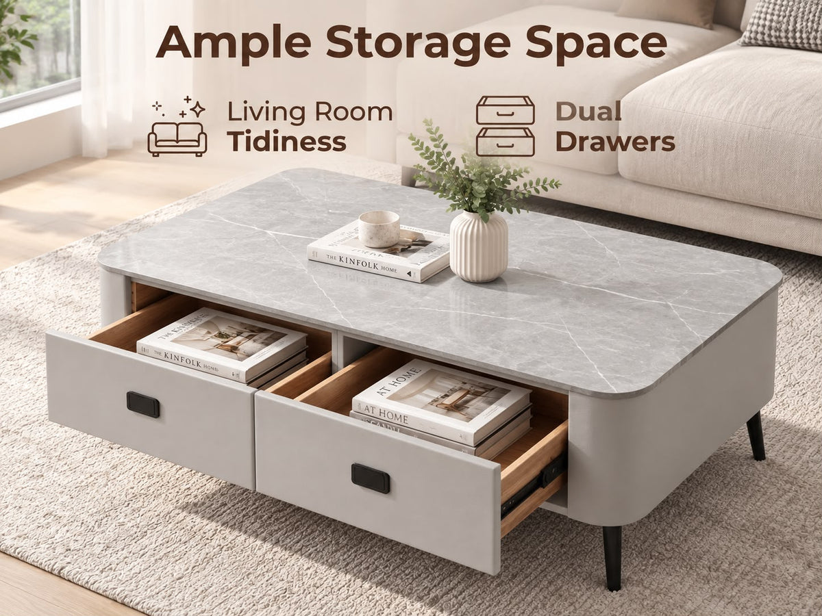 Modern Sintered Stone Coffee Table with Storage - Light Grey