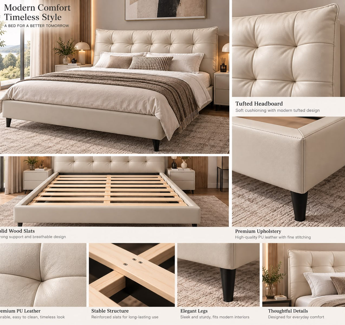 Mason Tufted Bed Frame - Queen Beige