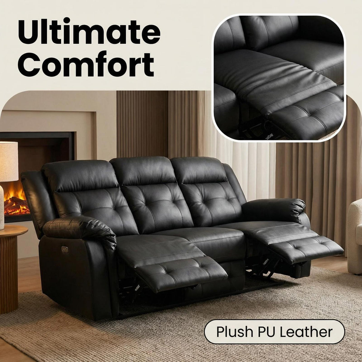 Volt Electric 3 Seater Recliner PVC Black