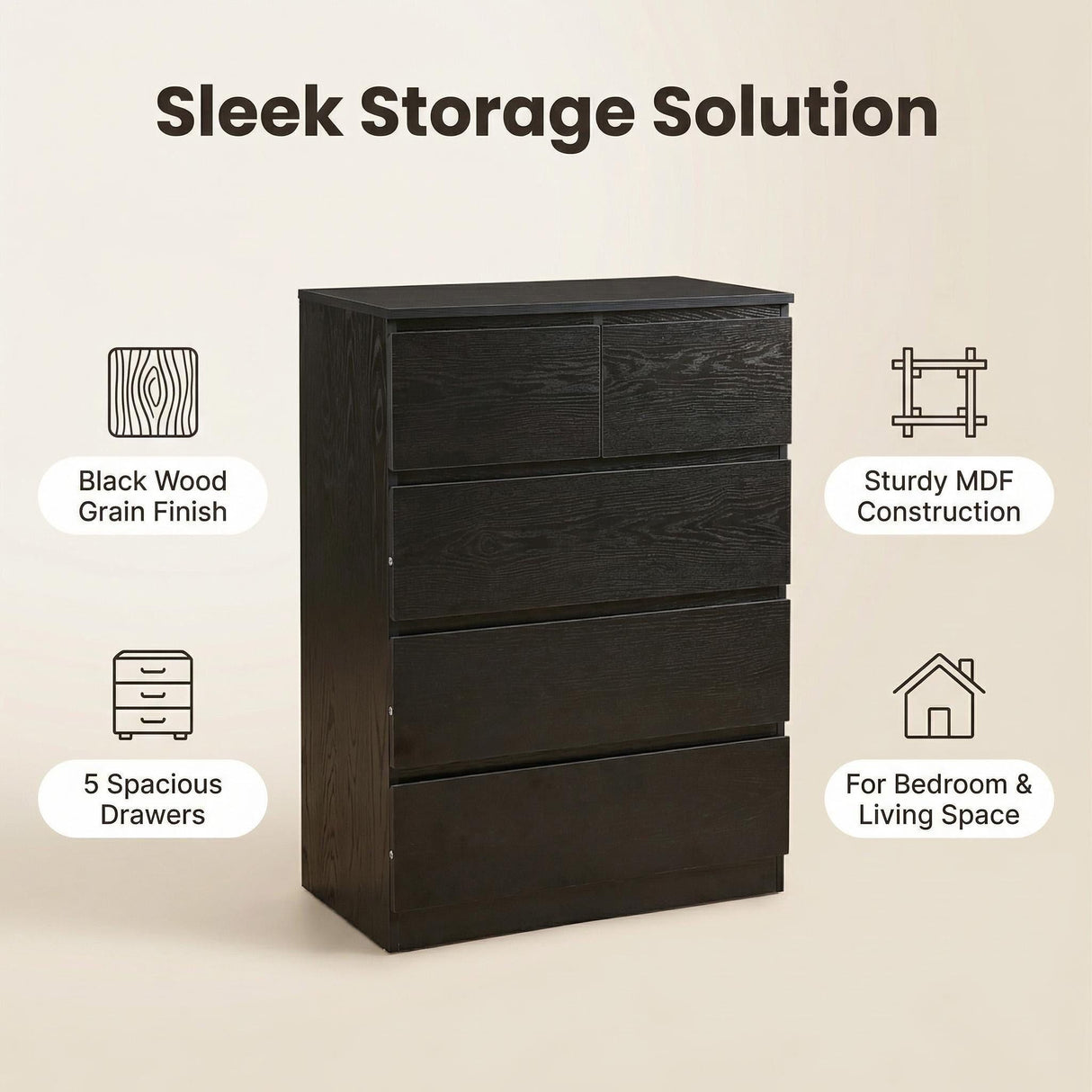 Elcoat Chest of 3+2 Drawers Black