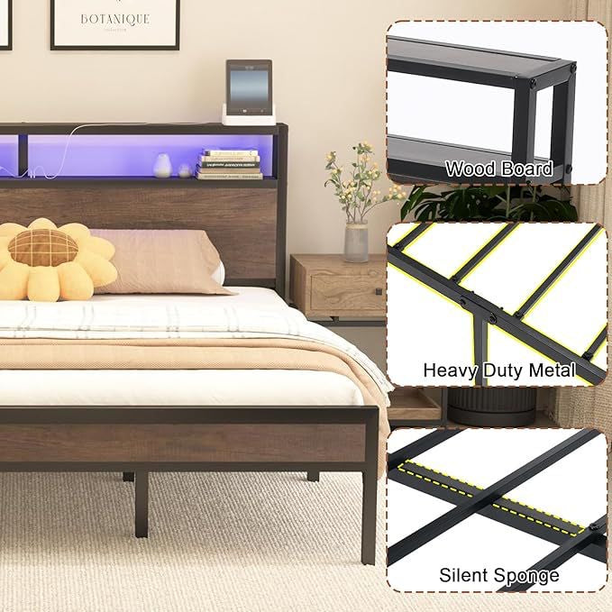 Platform Bed Frame With USB Ports Rustic Grey Queen