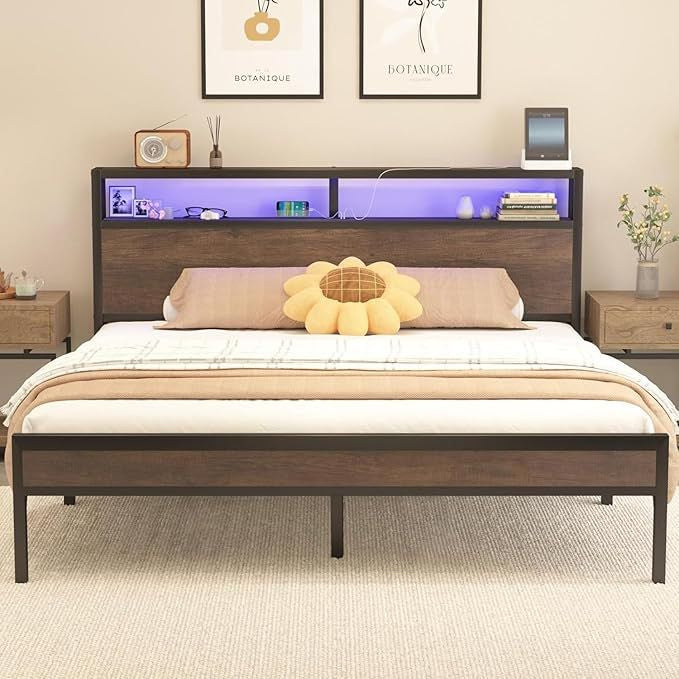 Platform Bed Frame With USB Ports Rustic Grey Queen