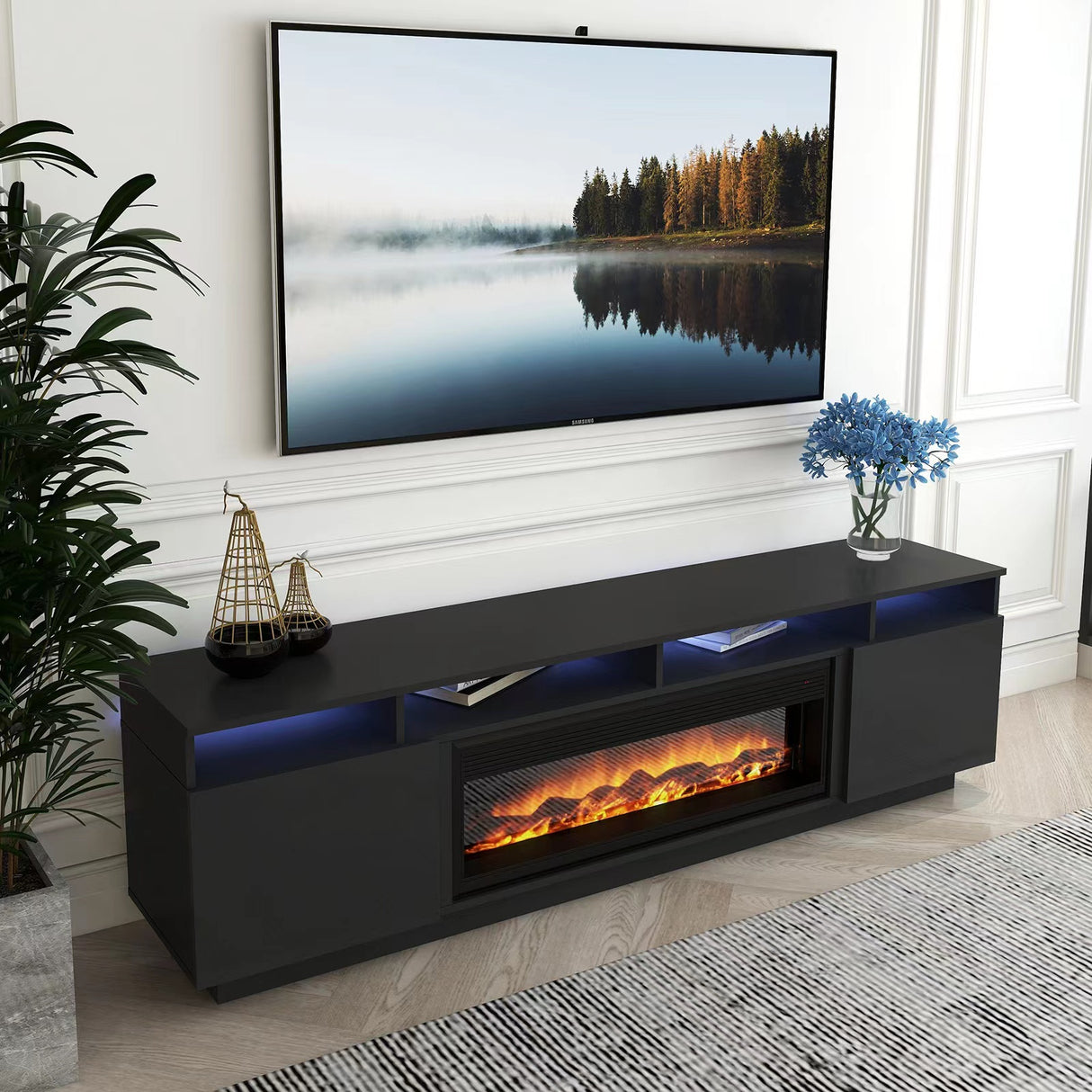 'Toro' Black RGB LED Lighting TV Unit With Electric Fireplace