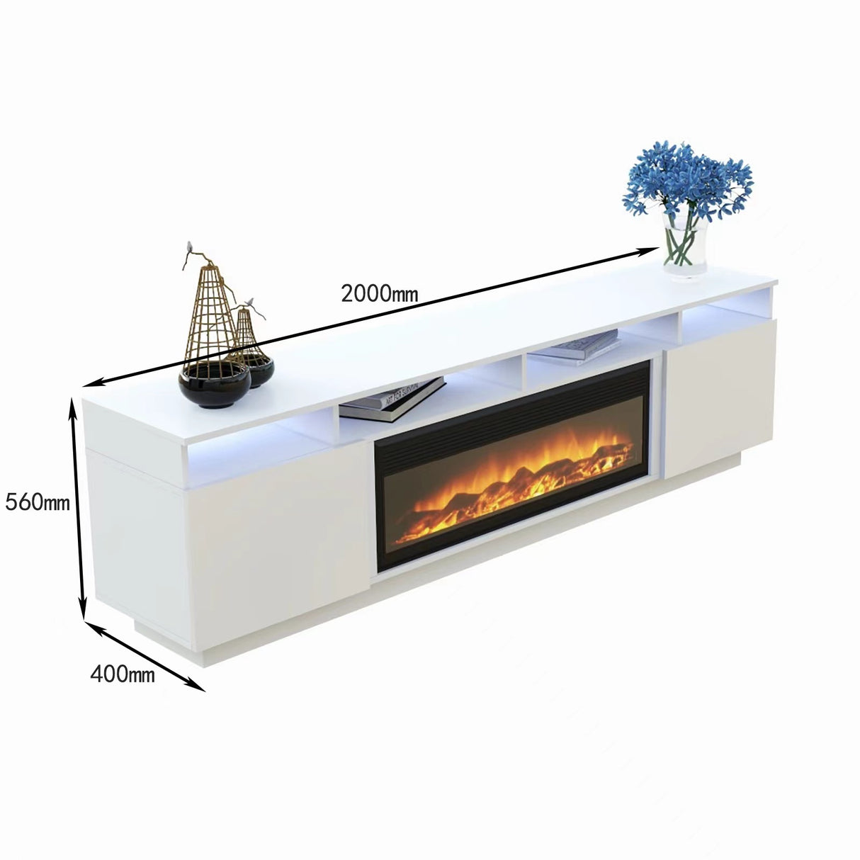 'Toro' white RGB LED Lighting TV Unit With Electric Fireplace