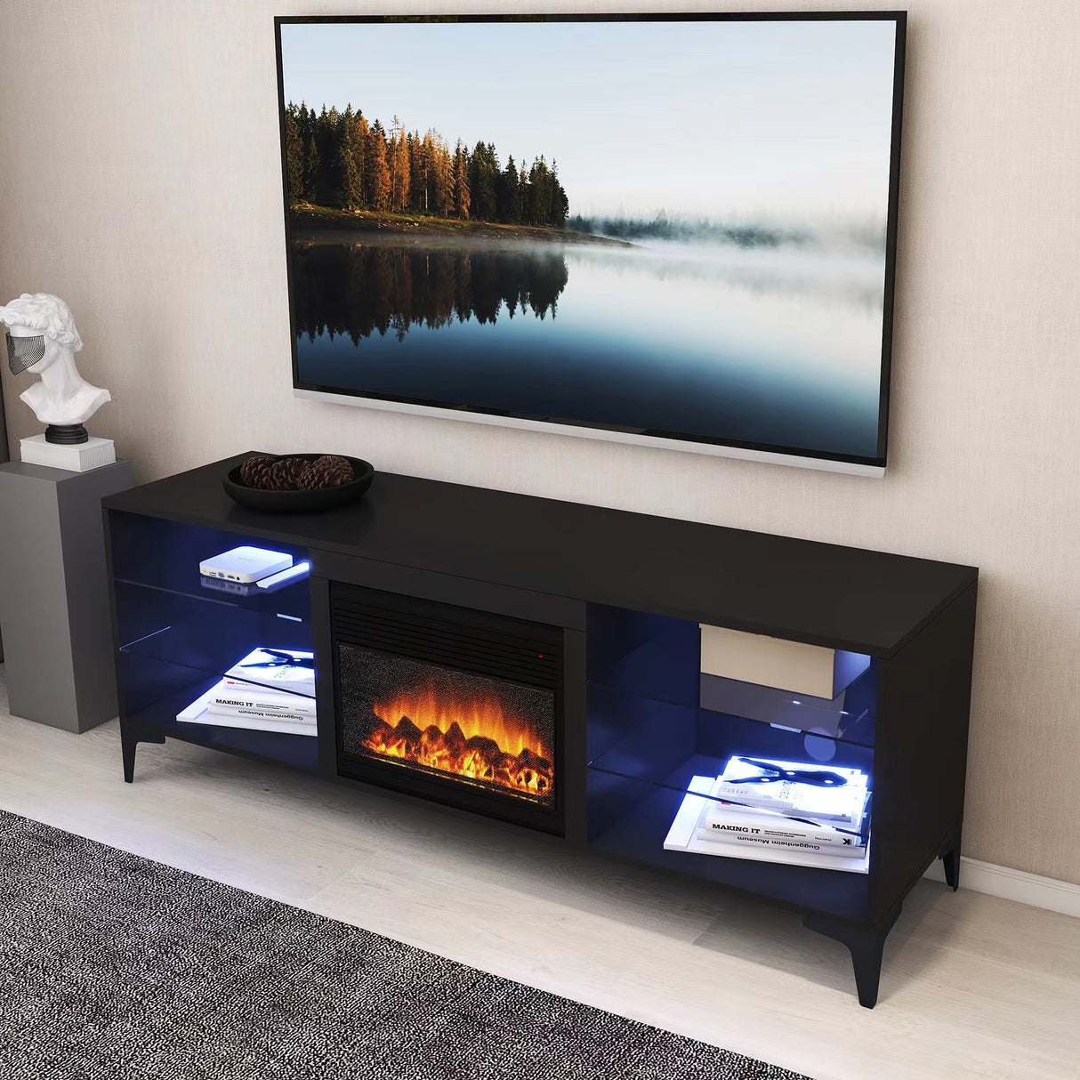 'Dante' Black RGB LED Lighting TV Unit With Electric Fireplace