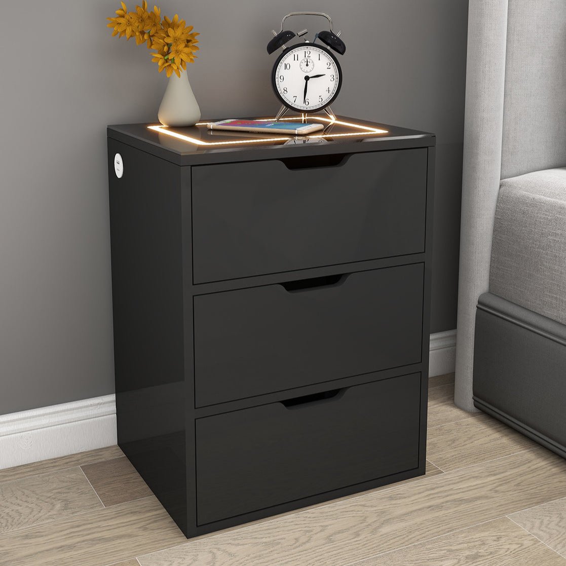 Ultra Black Smart Bedside Table with Intelligent Wireless Charging