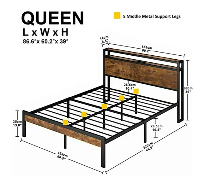 Platform Bed Frame With USB Ports Queen