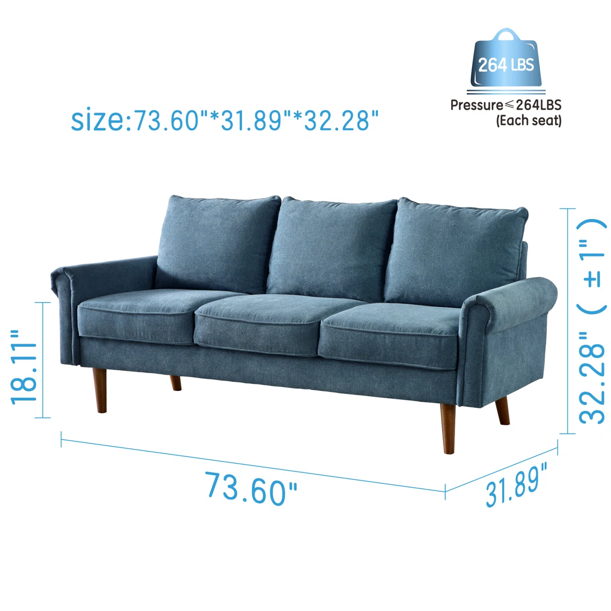 Karina 3 Seater Blue Sofa
