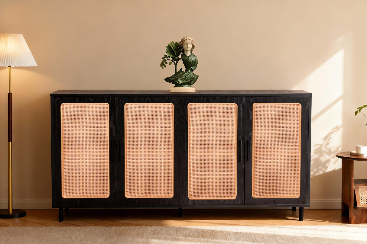 Oslo 4-Door Sideboard Cabinet Black with Oak Doors