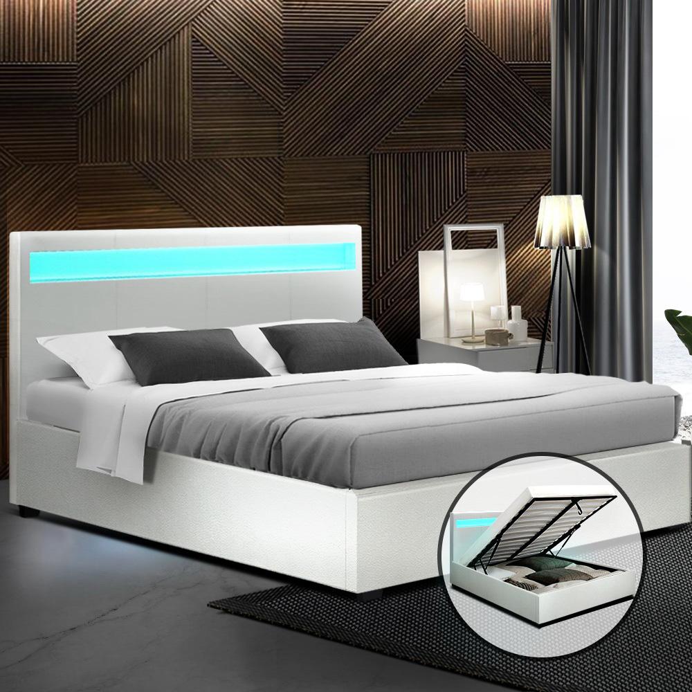 Torby Bed Frame with storage and LED Light White King suee furniture