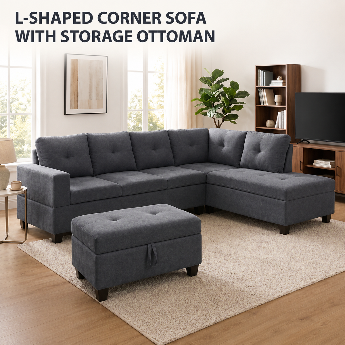 The Mercer Modular Corner Sofa with Storage Ottoman - Grey - Right