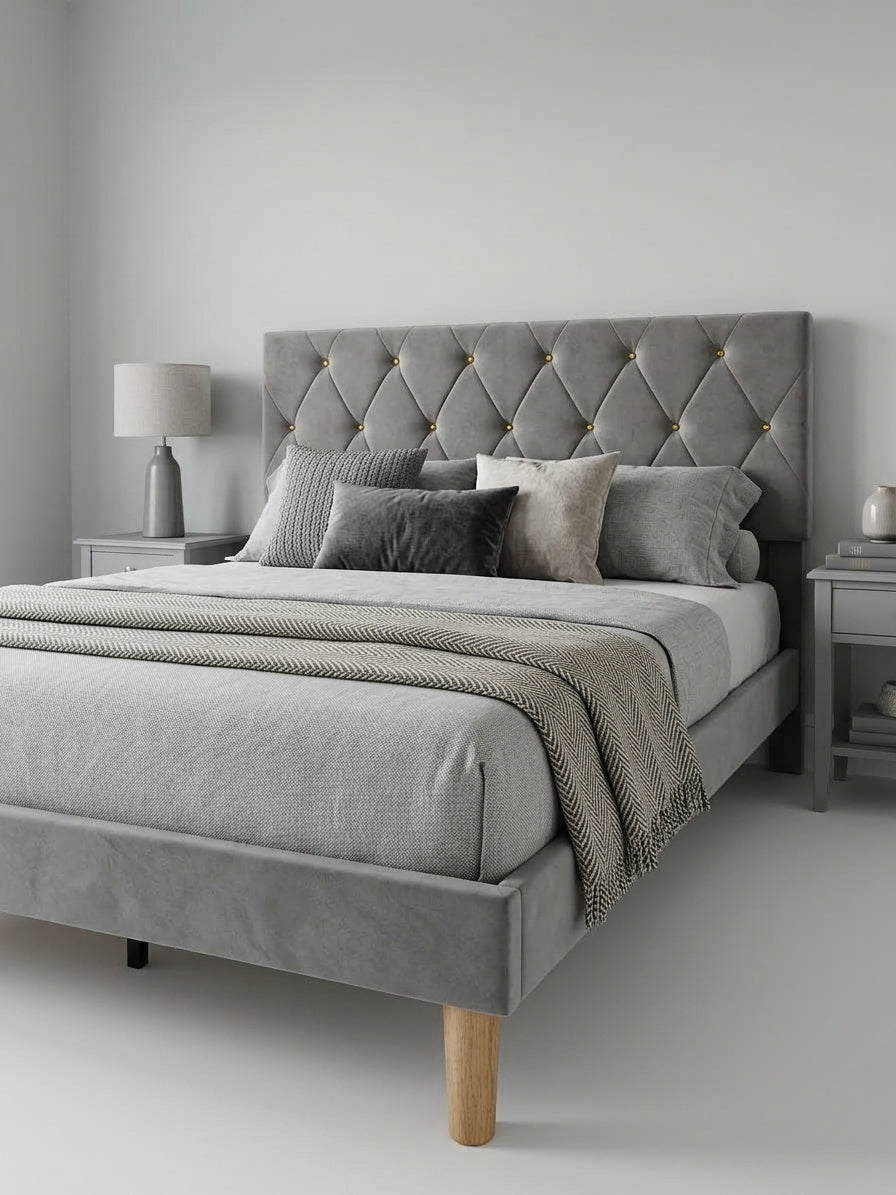 Malfroy Bed Frame Grey Velvet Queen