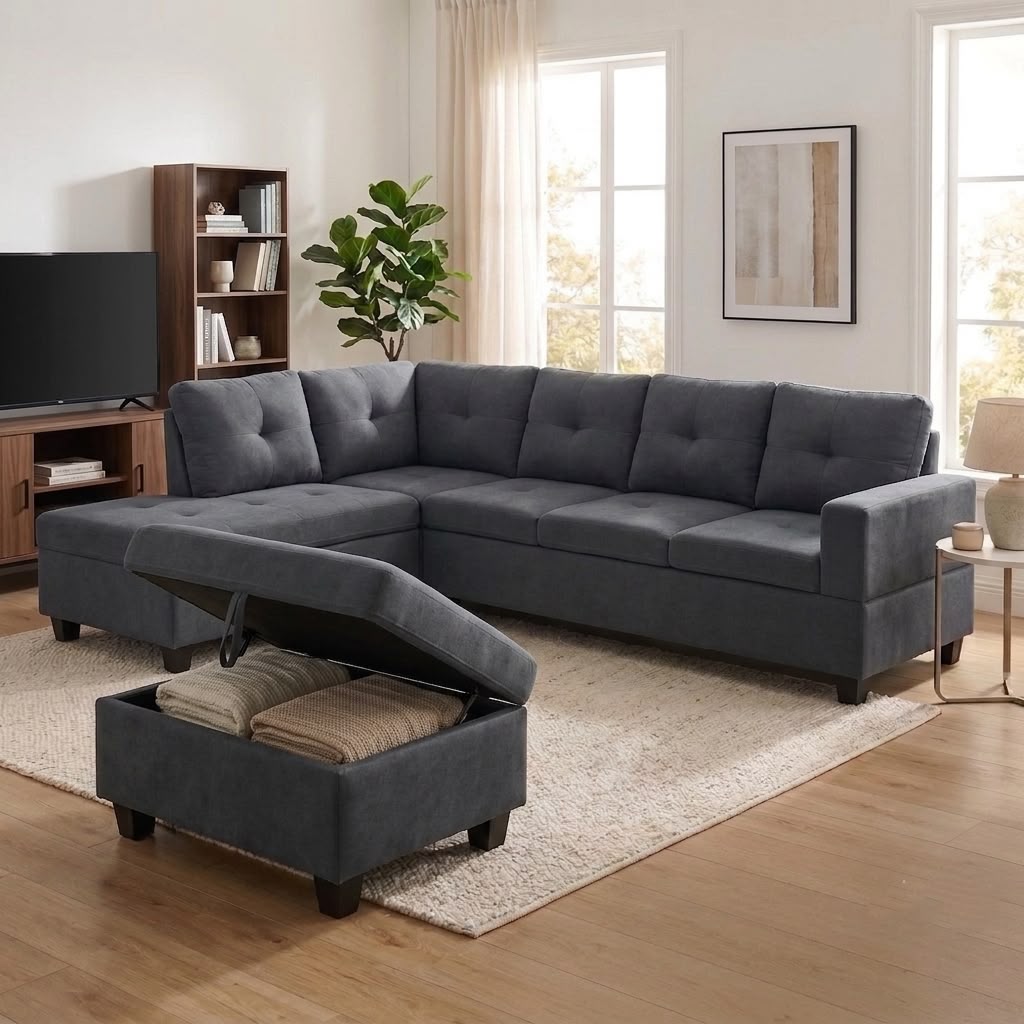 The Mercer Modular Corner Sofa with Storage Ottoman - Grey - Left