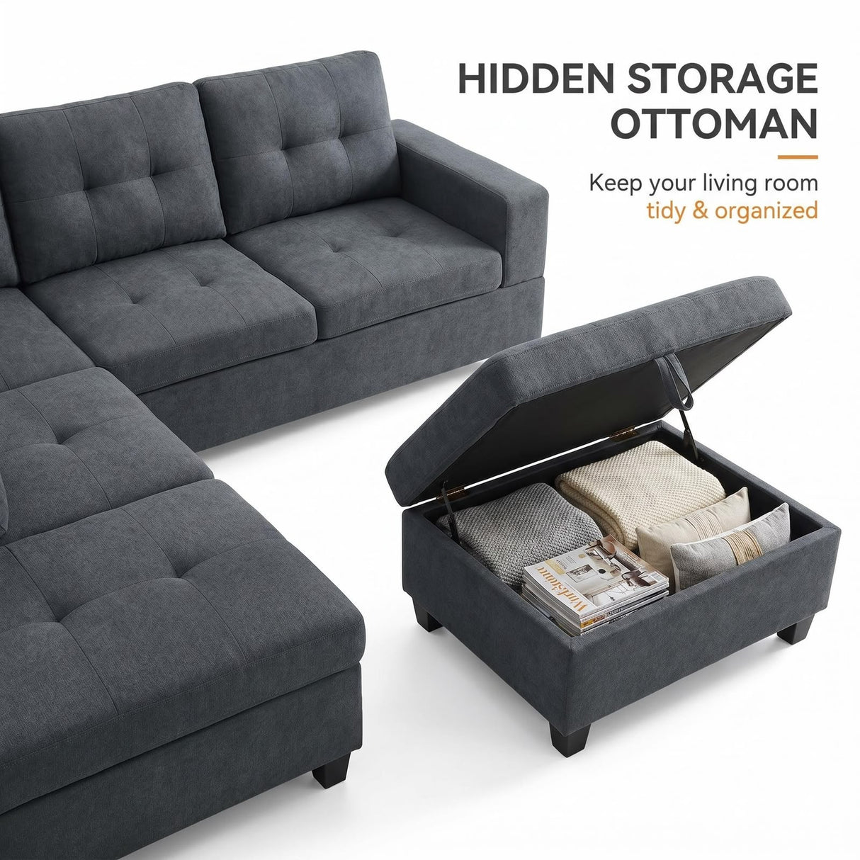 The Mercer Modular Corner Sofa with Storage Ottoman - Grey - Right