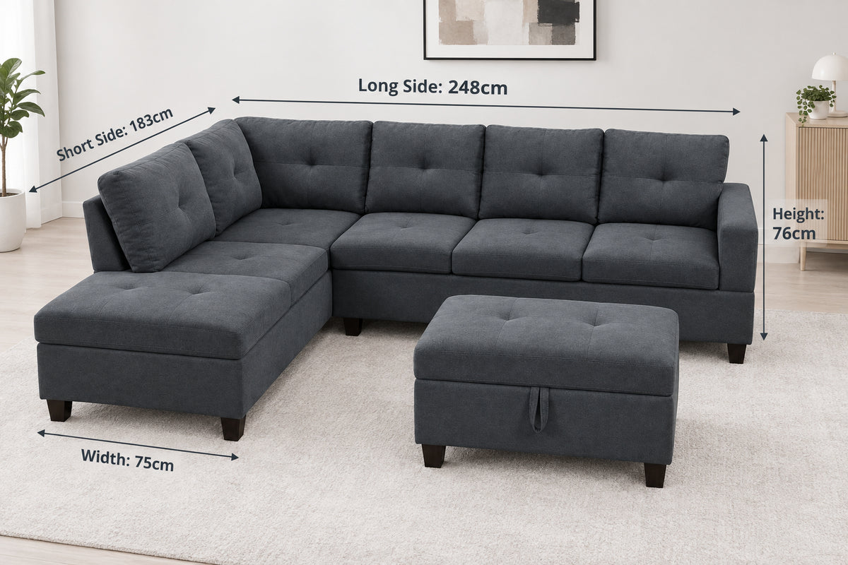The Mercer Modular Corner Sofa with Storage Ottoman - Grey - Left