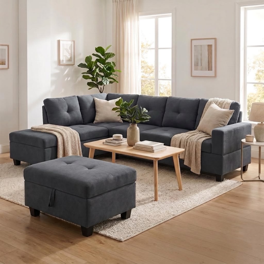 The Mercer Modular Corner Sofa with Storage Ottoman - Grey - Right