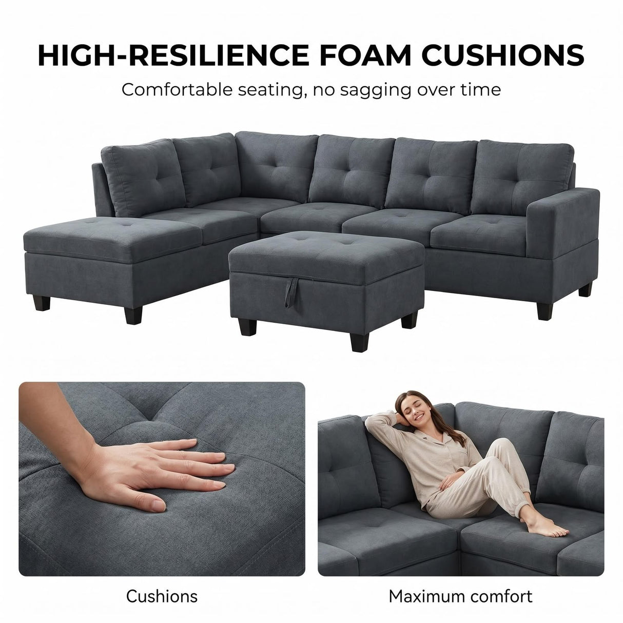 The Mercer Modular Corner Sofa with Storage Ottoman - Grey - Right