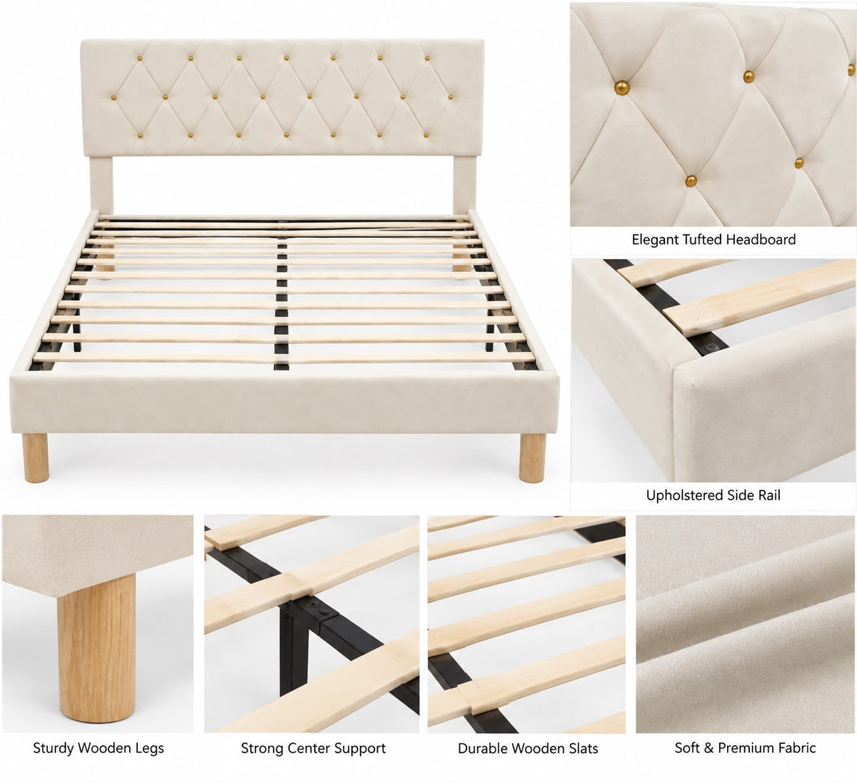 Malfroy Bed Frame Beige Velvet Queen
