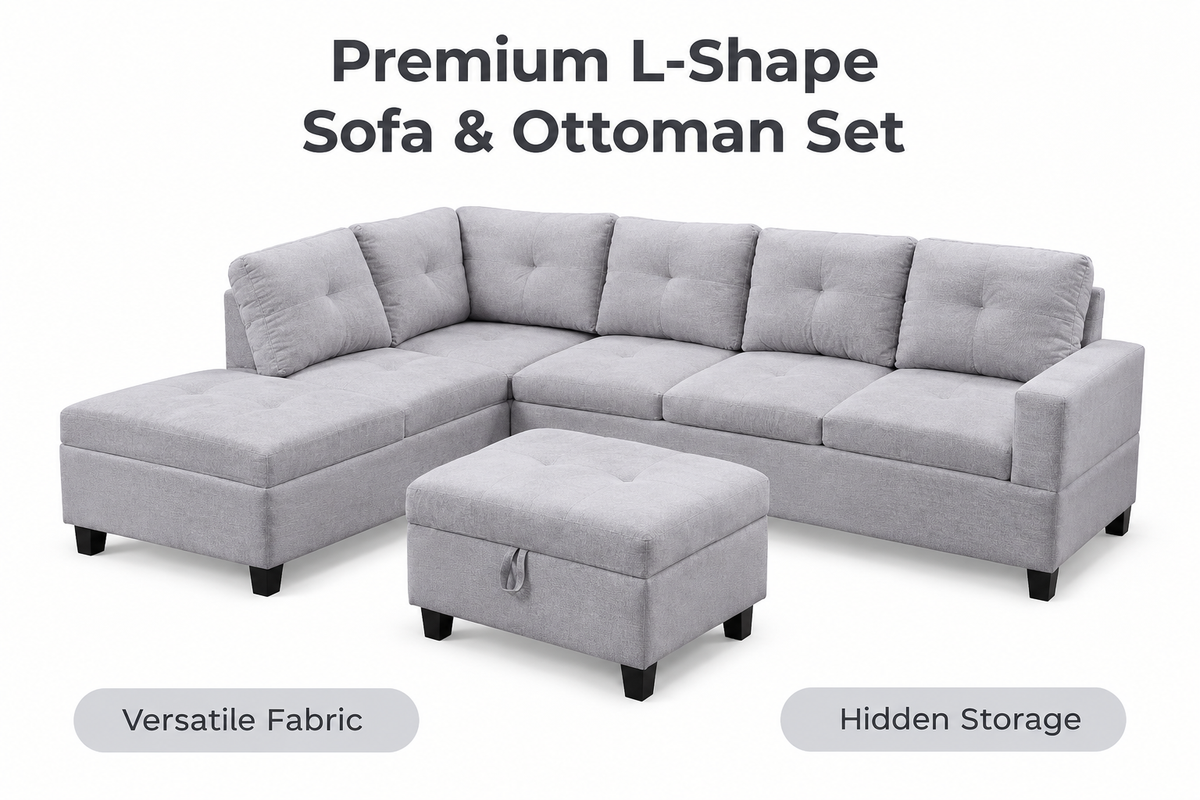 The Mercer Modular Corner Sofa with Storage Ottoman - Light Grey - Left