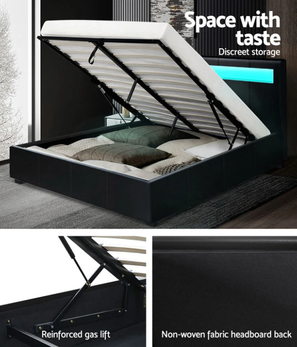 Torby Bed Frame with storage and LED Light Black Double suee furniture