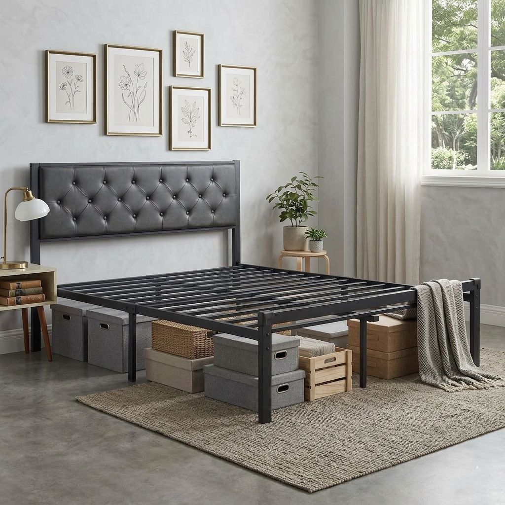 Upholstered Metal Platform Bed Queen