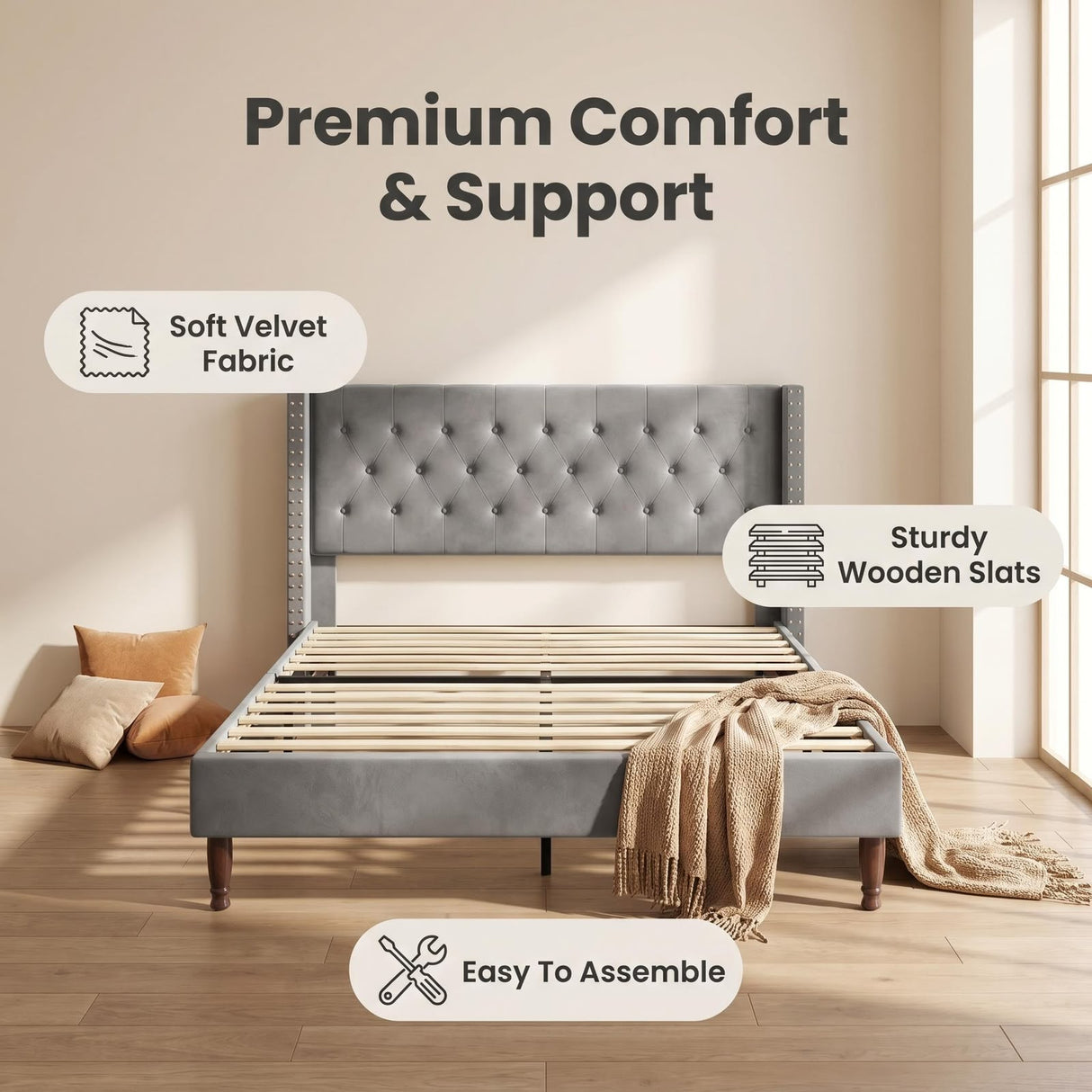 Naylor Bed Frame Grey Velvet Queen