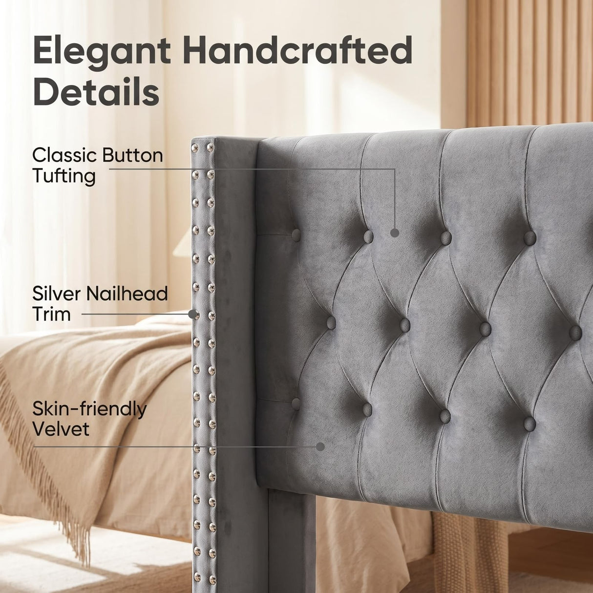 Naylor Bed Frame Grey Velvet Queen