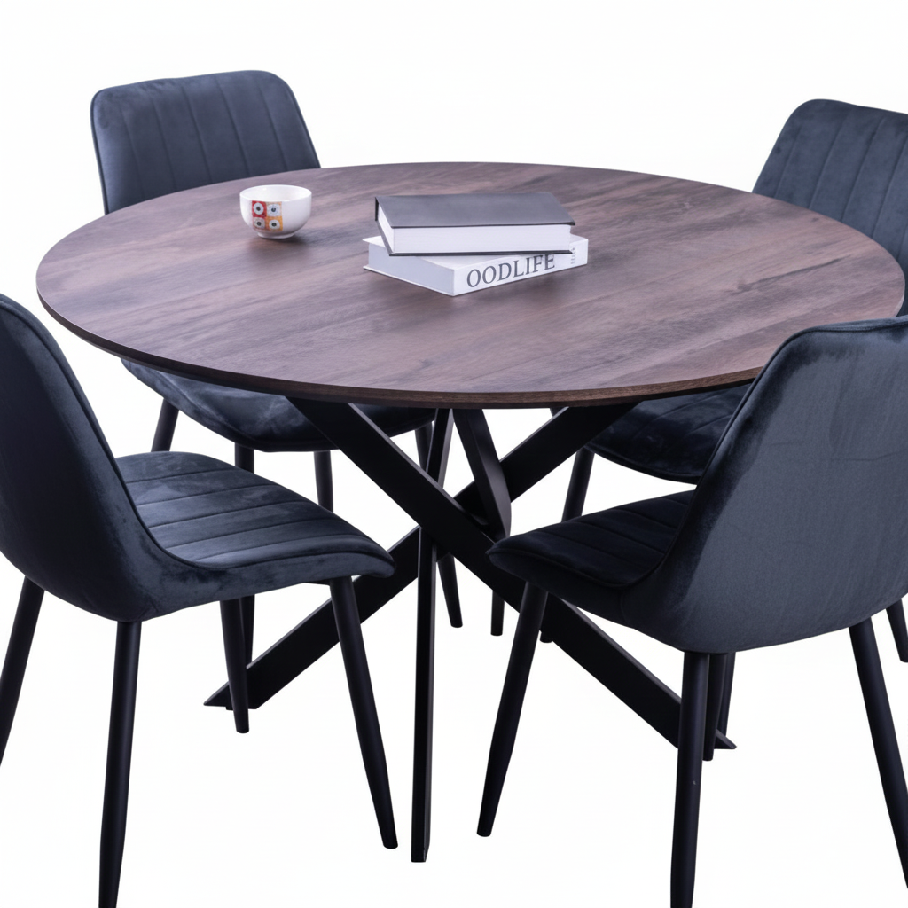 'Clive' 1.2m Round Dining Table + Upton Black Velvet Dining Chair*4 Set