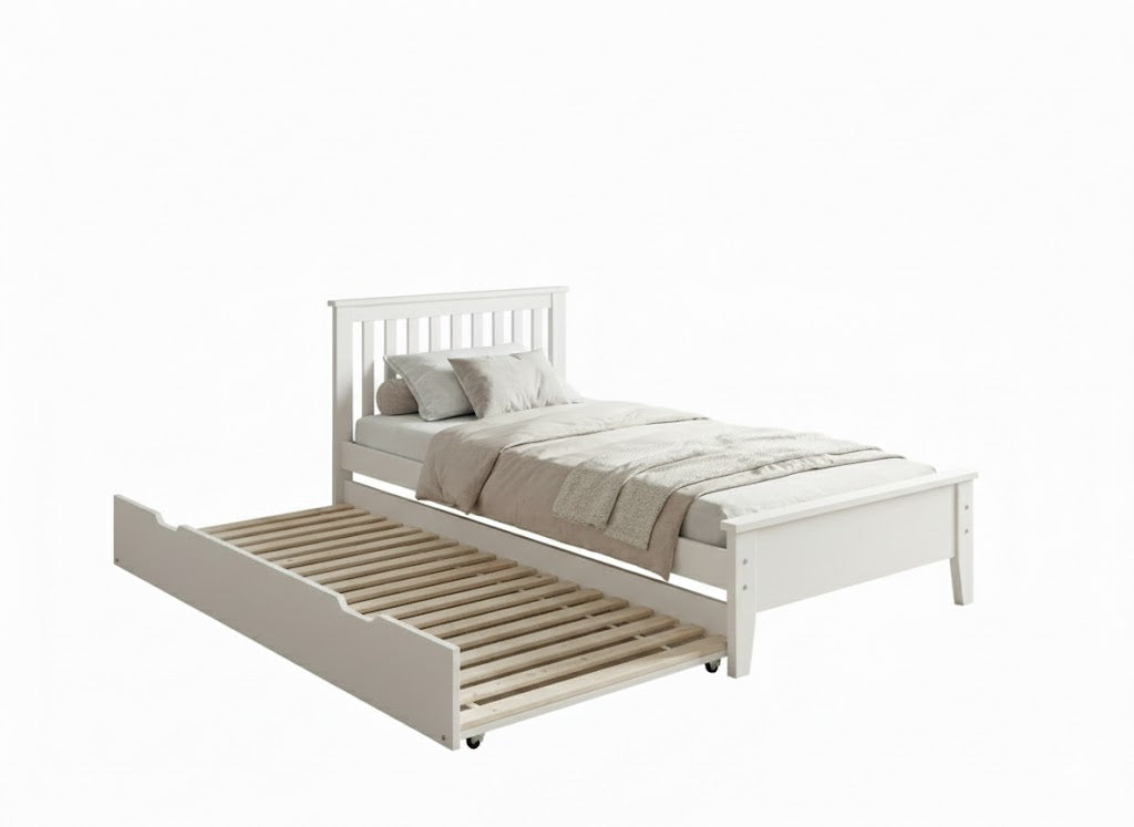 Solid Wood Trundle Bed White Single